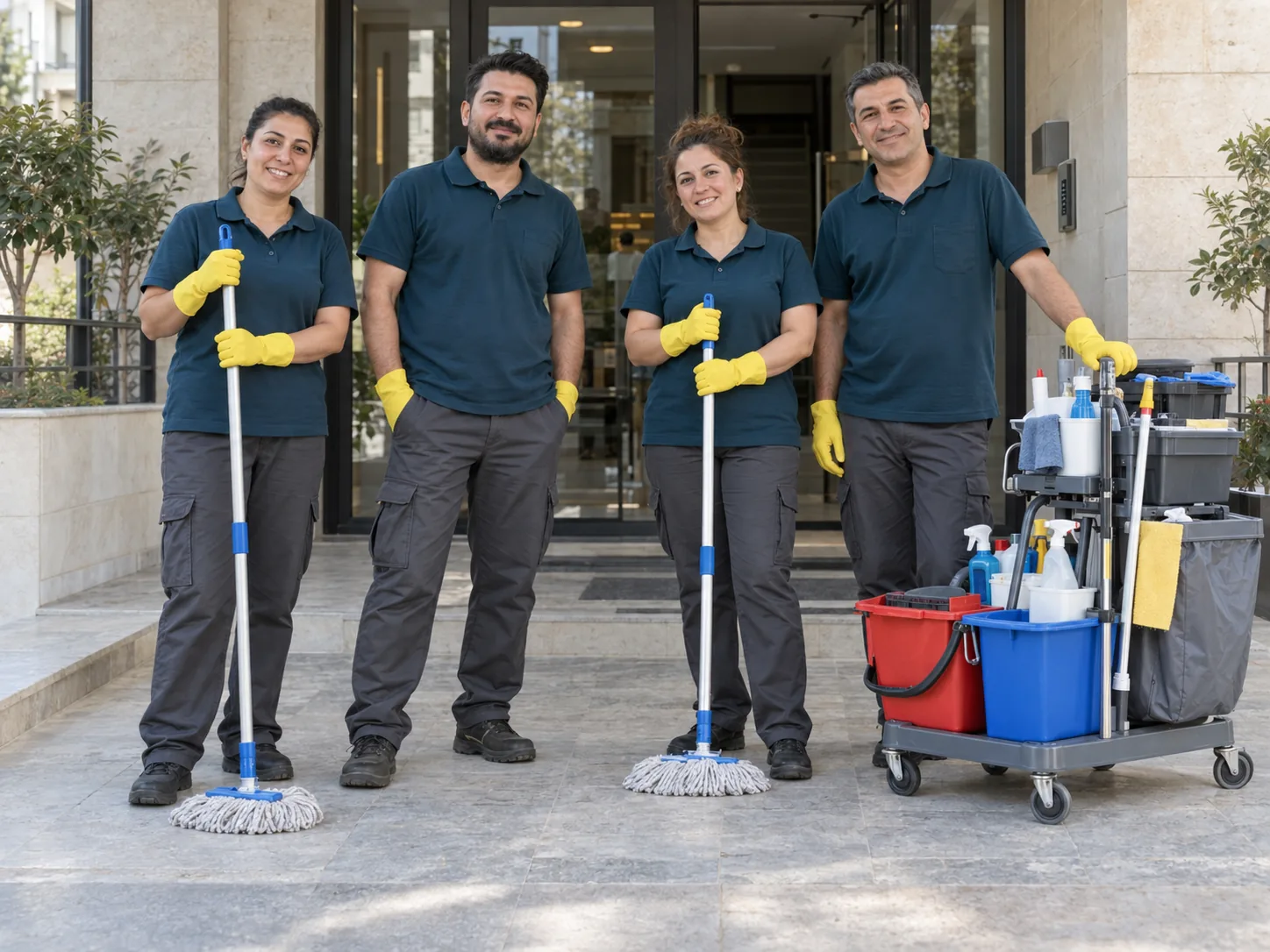 Üniformalı temizlik ekibi apartman girişinde